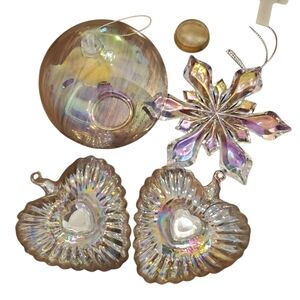 Iridescent Ornaments Set-Puffy Hearts, Snowflake And Sphere